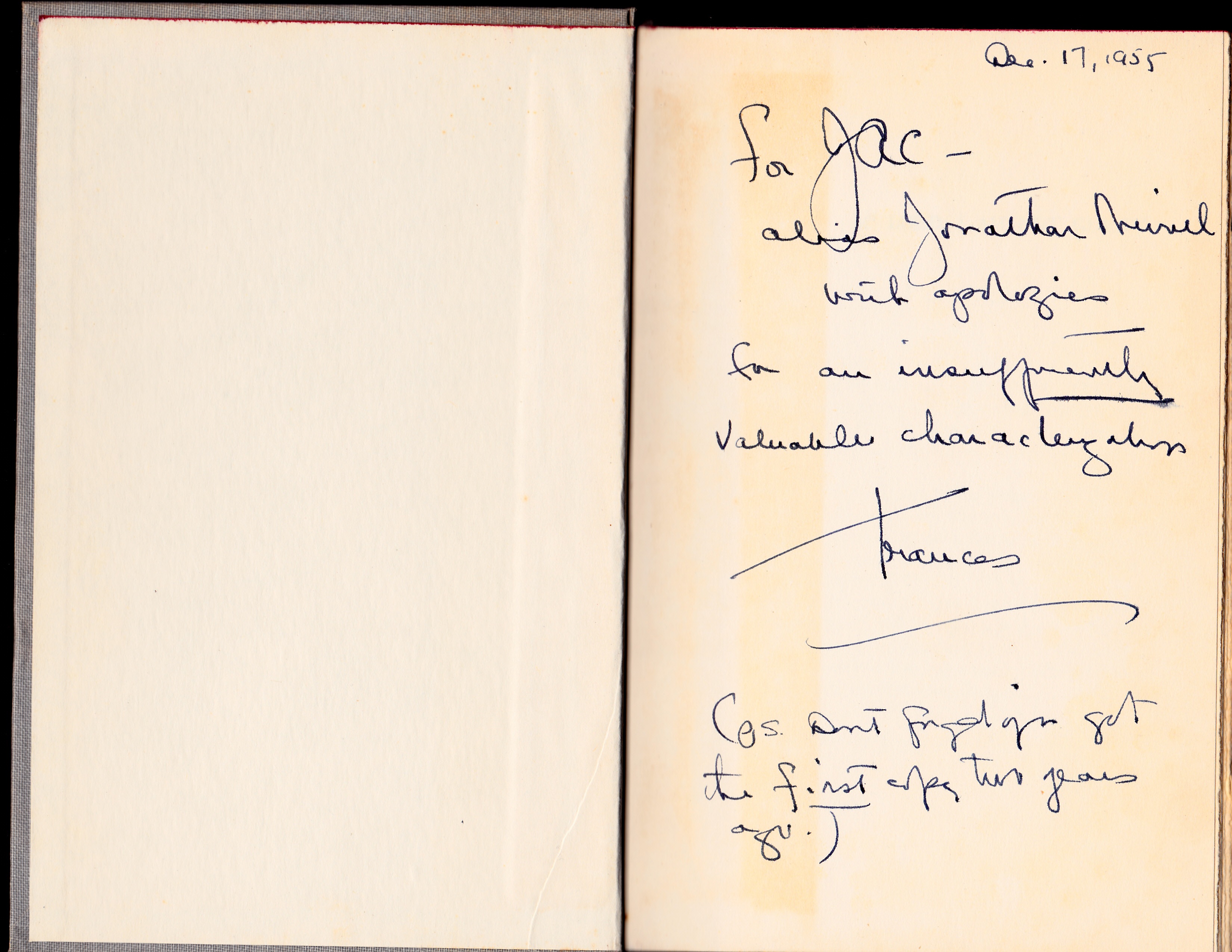1955 inscription from Frances Shelley Wees to James A. Cowan