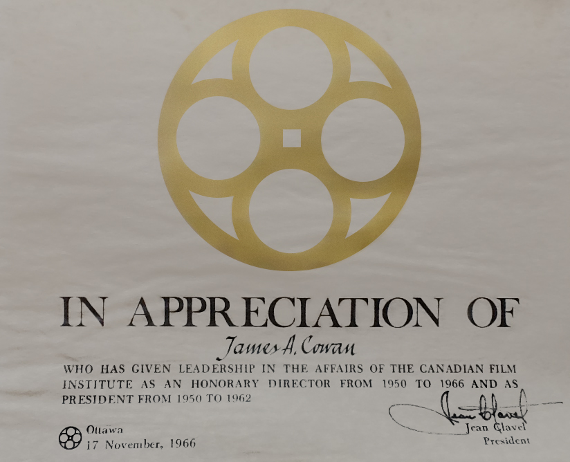 Canadian Film Institute appreciation certificate, 1966